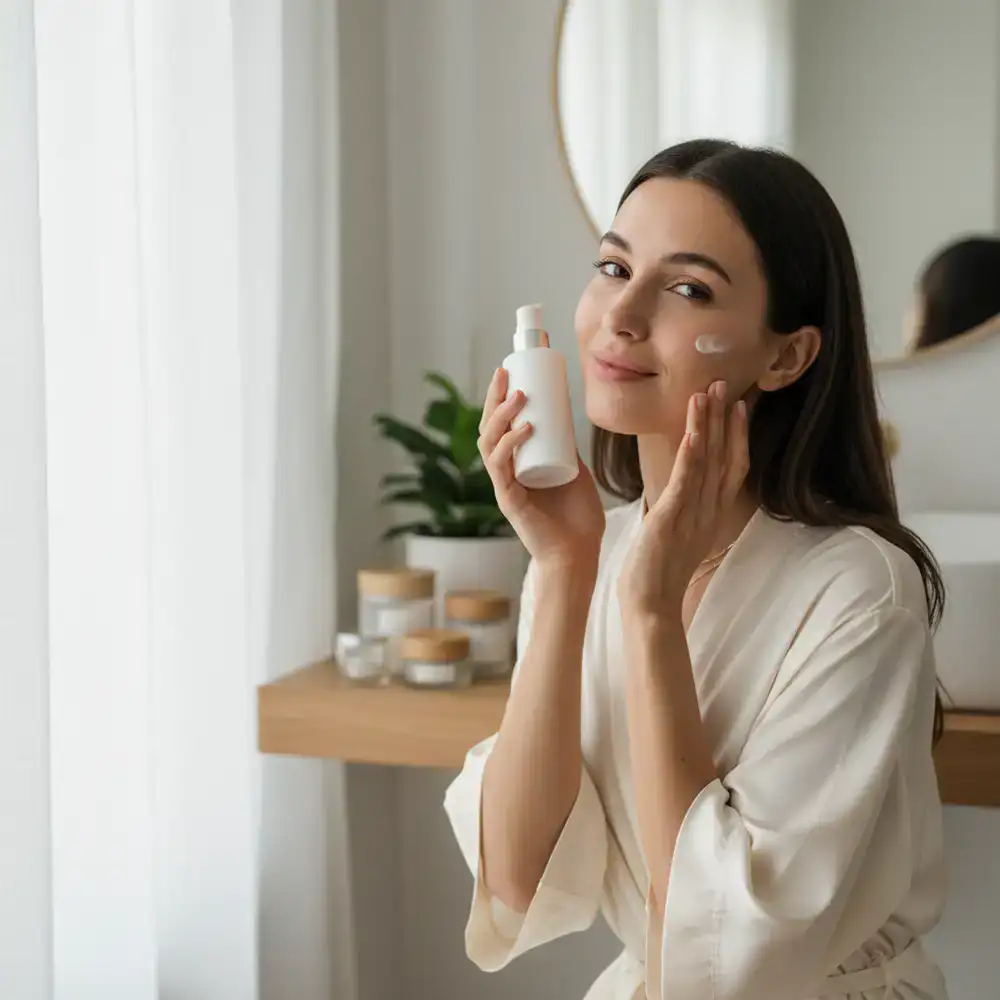 Woman applying clean beauty skincare products in soft natural light