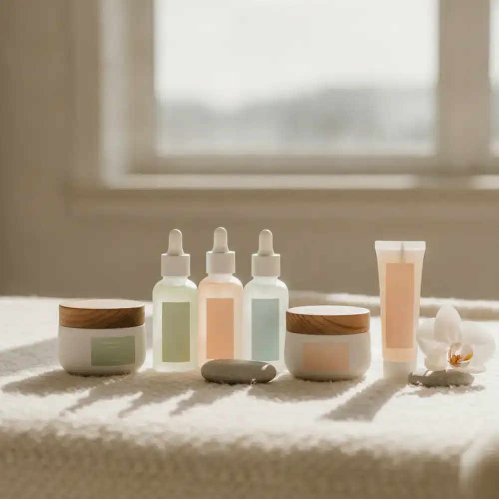 Curated GlowDesk skincare products arranged neatly on a soft background