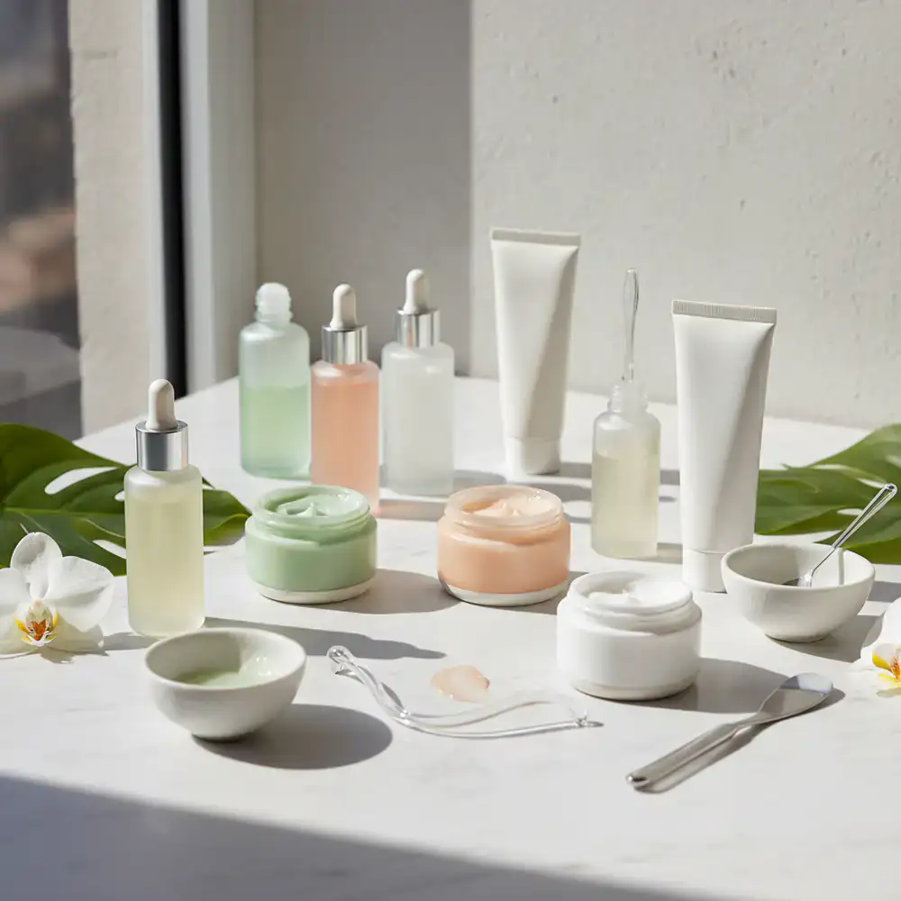Assortment of skincare products arranged for testing