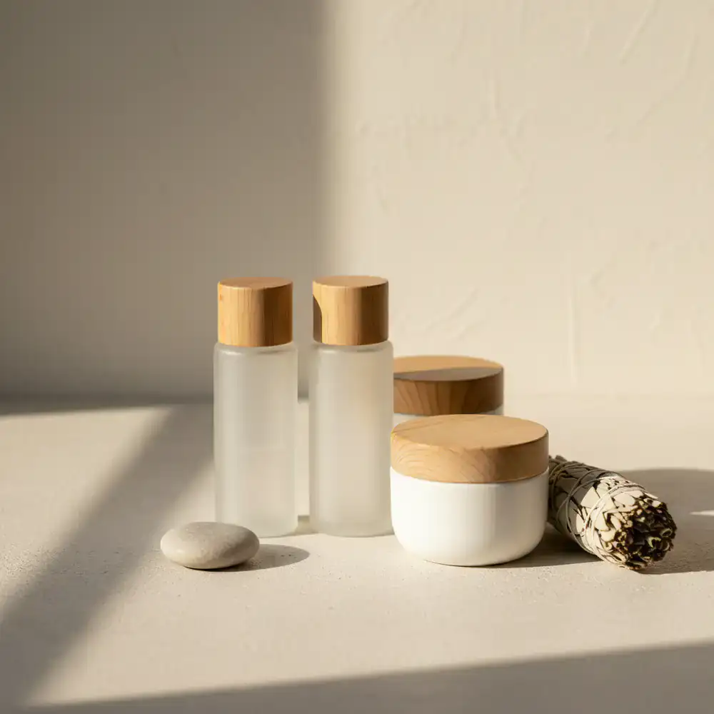 Minimalist skincare arrangement with soft lighting