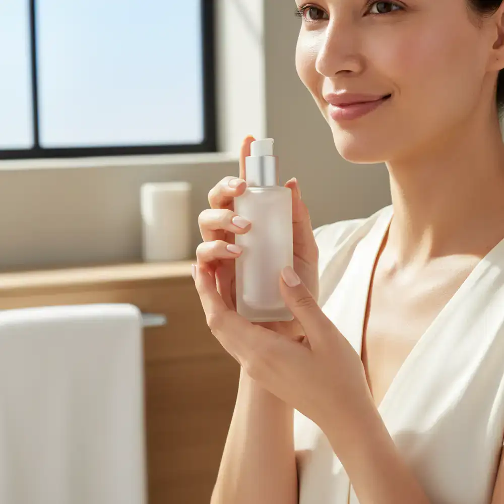 Lifestyle portrait of someone with glowing skin holding a skincare product