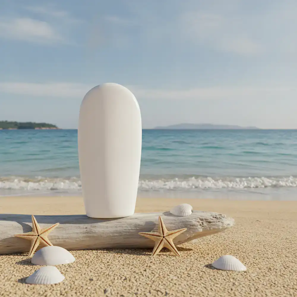 Sunscreen bottle displayed outdoors