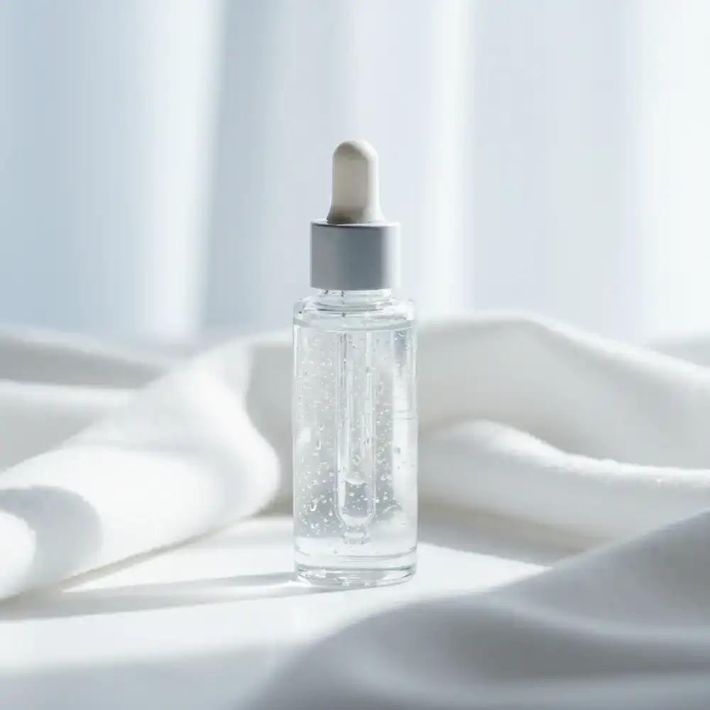 Hydrating serum bottle on soft background