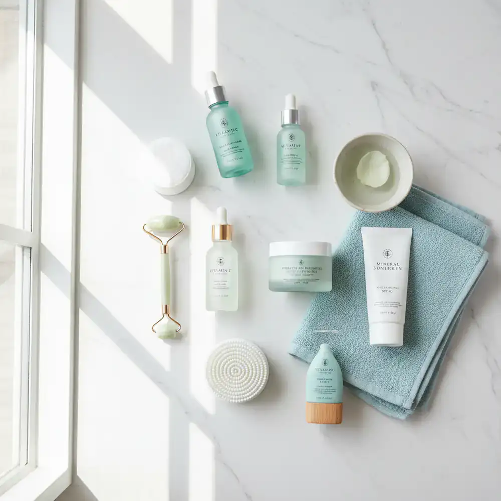 Morning skincare routine layout with bright lighting
