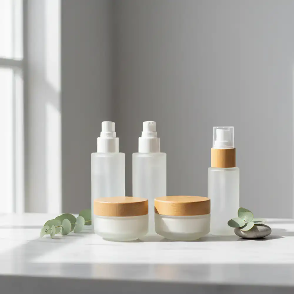 Neatly organized skincare bottles and jars on a clean surface